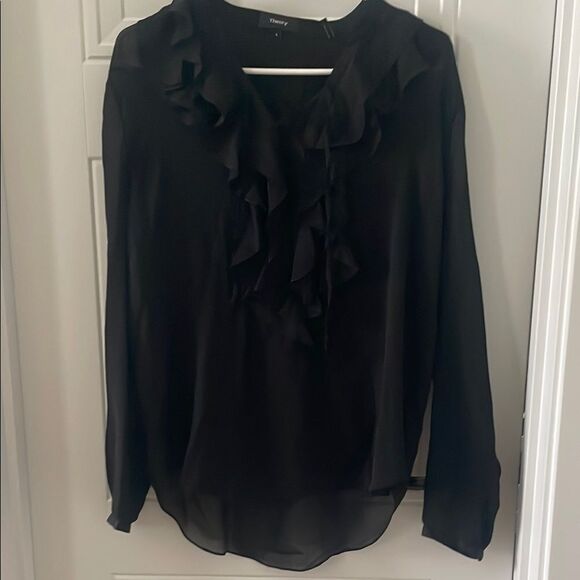 Theory Black Ruffled Lace Up Silk Chiffon Blouse - Picture 1 of 6